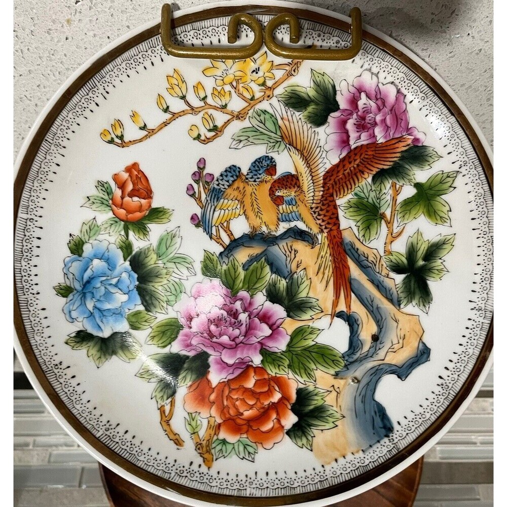 Vtg Ling Nan China Plate Embossed Gold Hand Painted Birds And Flowers